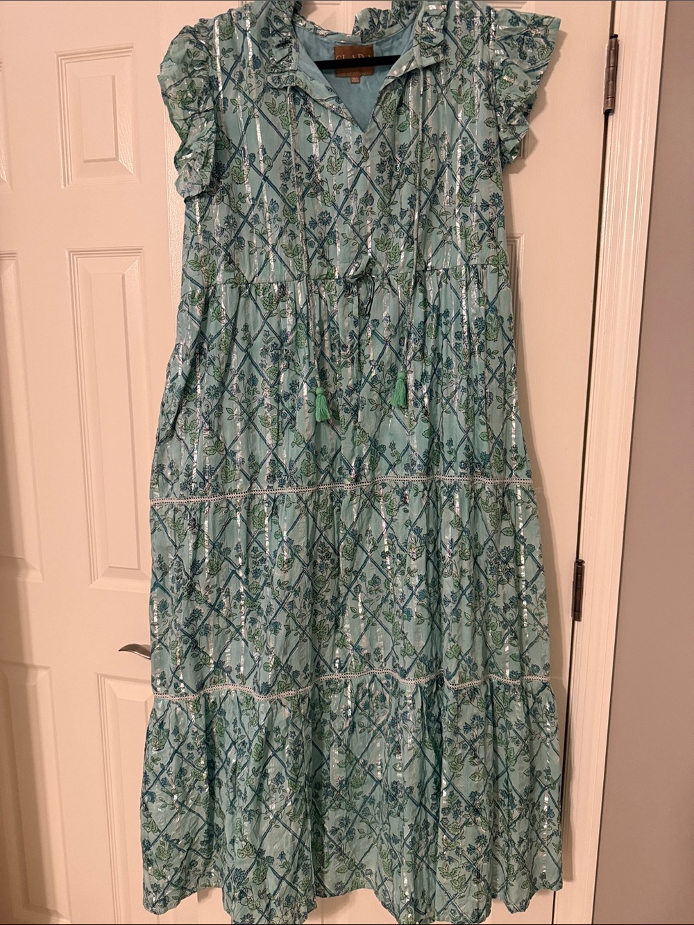 Clara the Label Light Green Floral Tiered Maxi Dress with Tassel Tie